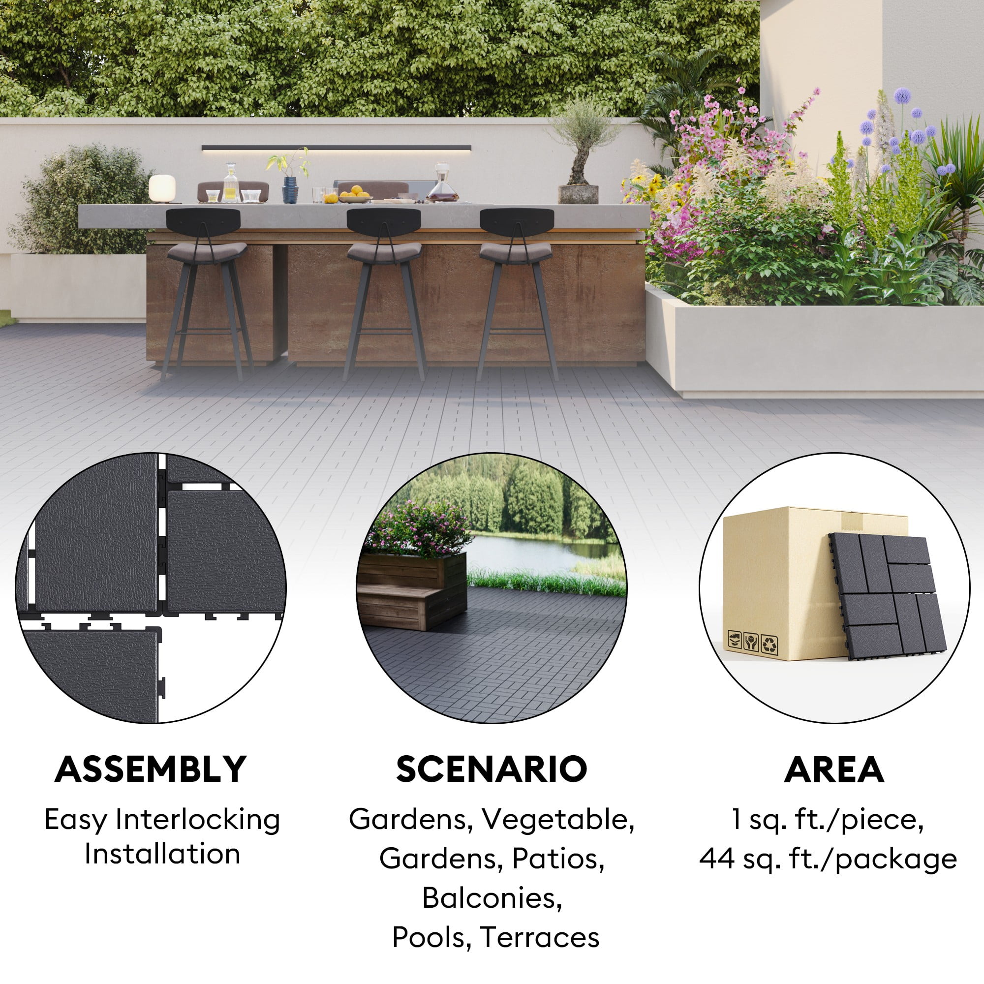 Miniyam 44 Pcs Interlocking Deck Tiles, 12" x 12", Polypropylene, for Outdoor Balcony Garden Gray