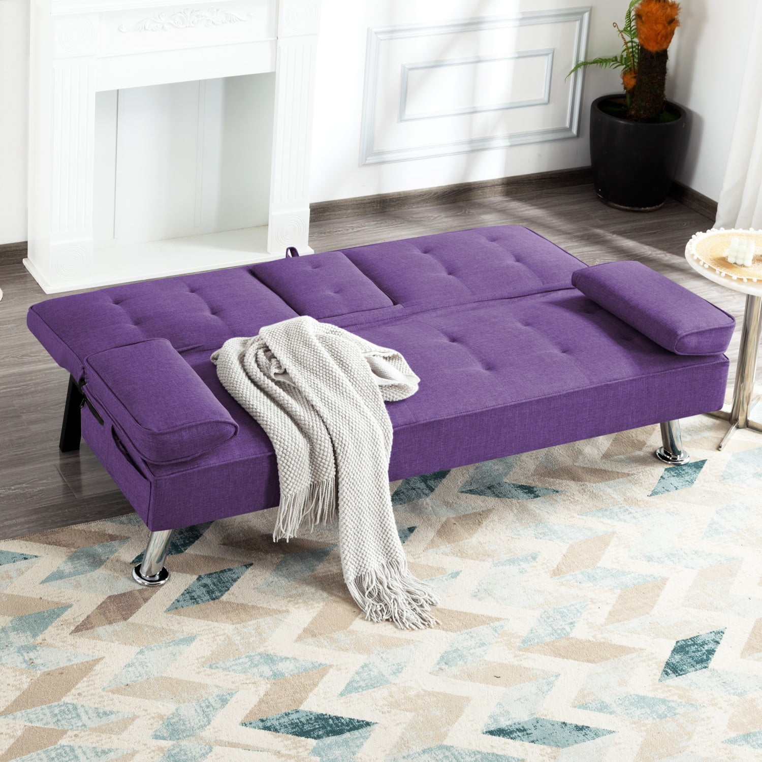 Gewnee Modern Futon Sleeper Sofa Bed Convertible Folding Recliner Couch Furniture with 2 Cup Holders for Livin g Room