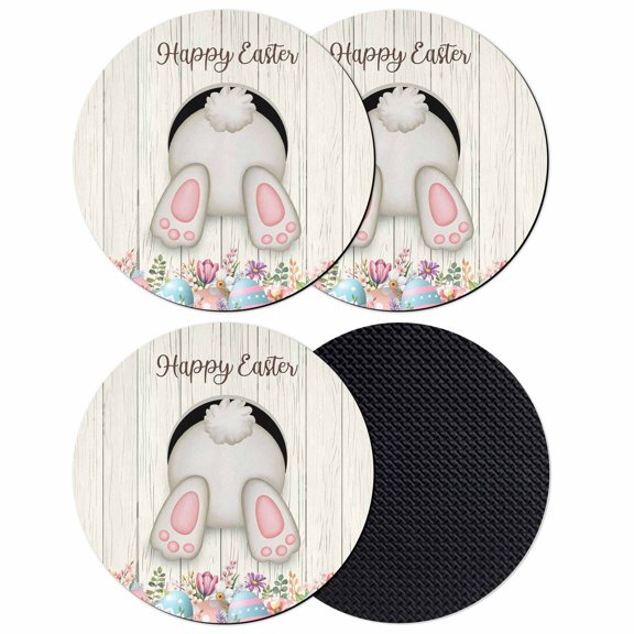 Easter Bunny Coasters Set of 4, Absorbent Coasters for Drinks, Colorful Eggs Cute Rabbit Grey Country Wooden Coaster for Desk Coffee Table Protection, Home Decor House Warming Gifts 4"
