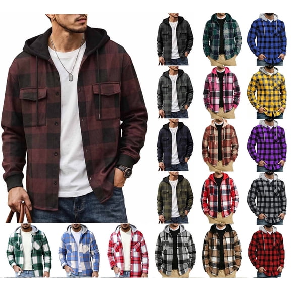 Axiiglly Flannel Shirt for Men, Plaid Long Sleeve Button Down Drawstring Hooded Sweatshirts with Pockets, Casual Loose Fitted Travel Work Hooded Jackets