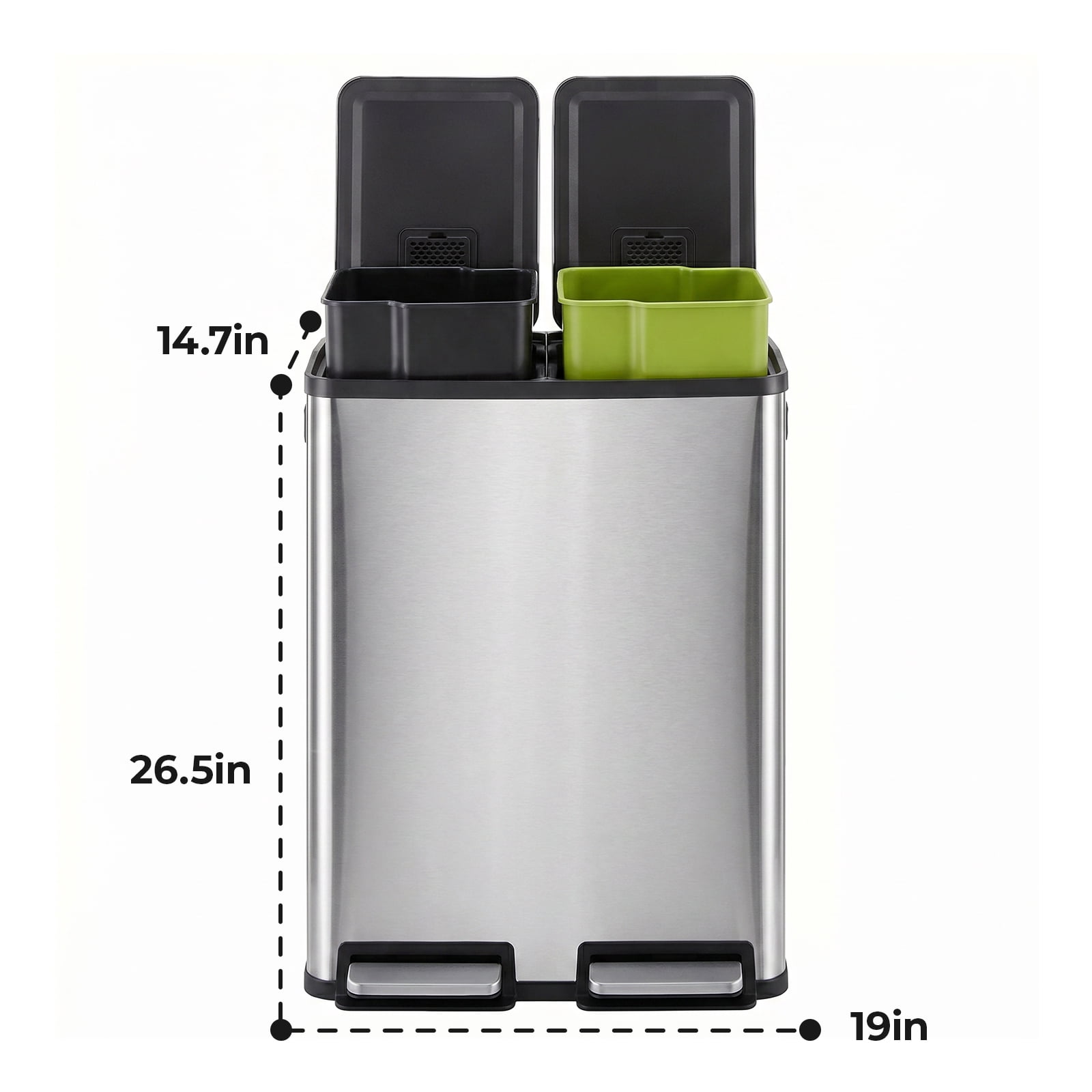 Alvantor 60L Trash Can, Dual Compartment 2x8 Gallon Stainless Steel Garbage Bin with Fingerprint Proof Finish, Soft Close Lid, and Hands-Free Pedal for Kitchen and Office