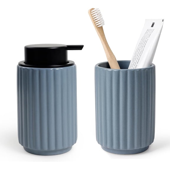 Ceramic Bathroom Set – Foaming Soap Dispenser & Toothbrush Holder, Stripe Design, Gray Blue, Refillable Foam Hand Soap Pump   Ceramic Toothbrush Cup for Bathroom Countertop,