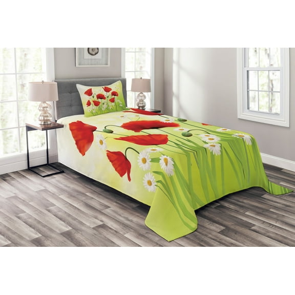 Ambesonne Flower Quilted Bedspread Set 2 Pcs, Floral Chamomile Poppy, Twin Size, Red Green