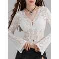 thumbnail image 6 of Raccmtaty Women's Spring Summer Short Tops White Long Sleeve V Neck Sheer Lace Floral Blouse, 6 of 8