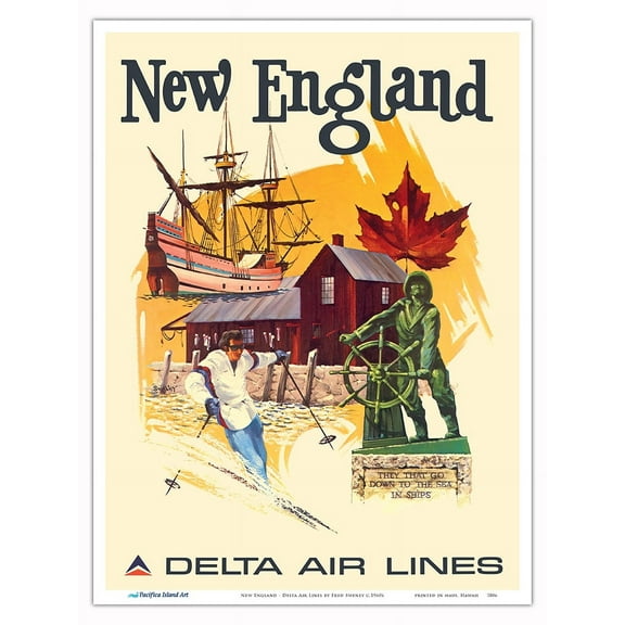 New England Massachusetts - Delta Air Lines - Vintage Airline Travel Poster by Fred Sweney c.1960s - Master Art Print (Unframed) 9in x 12in