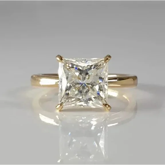 One carat 2 Carat - Princess Cut - Moissanite Ring - Solitaire Engagement Ring in 18K Yellow Gold Plating over Silver Size 5 to 10