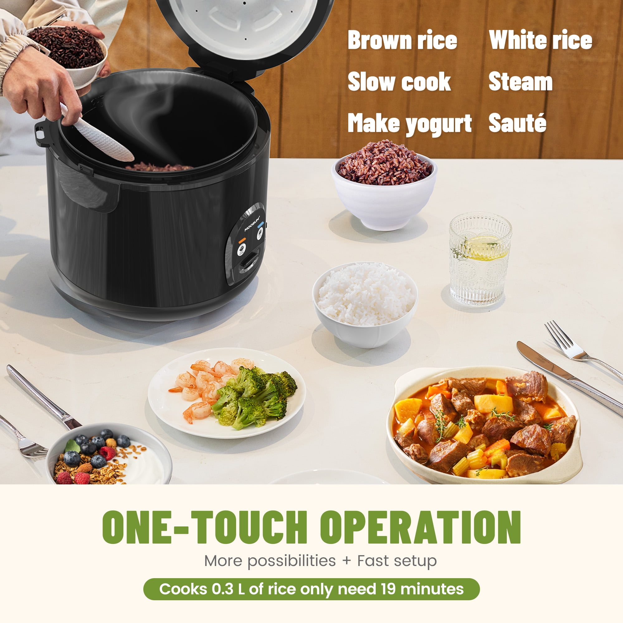Moosum Rice Cooker Maker 10-Cup(Uncooked) with Steamer, Ceramic coating, BPA Free, Large capacity, Black
