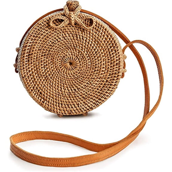Rattan Straw Bag Handmade Wicker Woven Purse Handbag Circle Boho Crossbody Bag for Women
