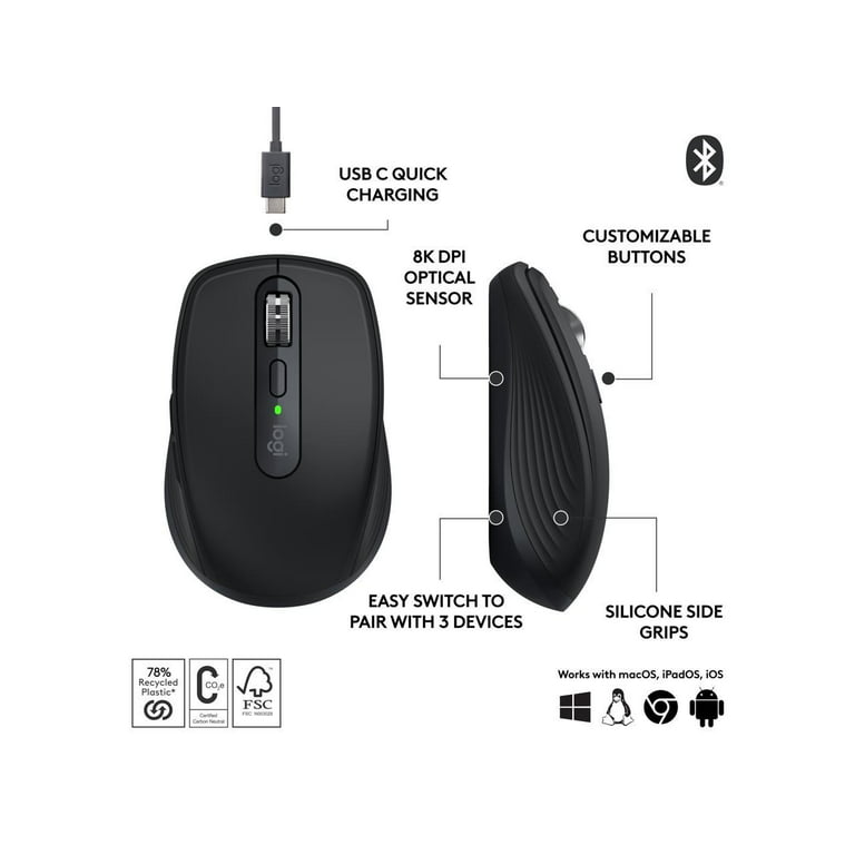 Logitech MX Anywhere 3S Compact Wireless Mouse, Fast Scrolling, 8K DPI  Any-Surface Tracking, Quiet Clicks, Programmable Buttons, USB C, Bluetooth, 