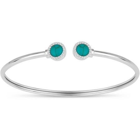 Created Turquoise and CZ Sterling Silver Rhodium-Plated Double Round 3mm Memory Bangle