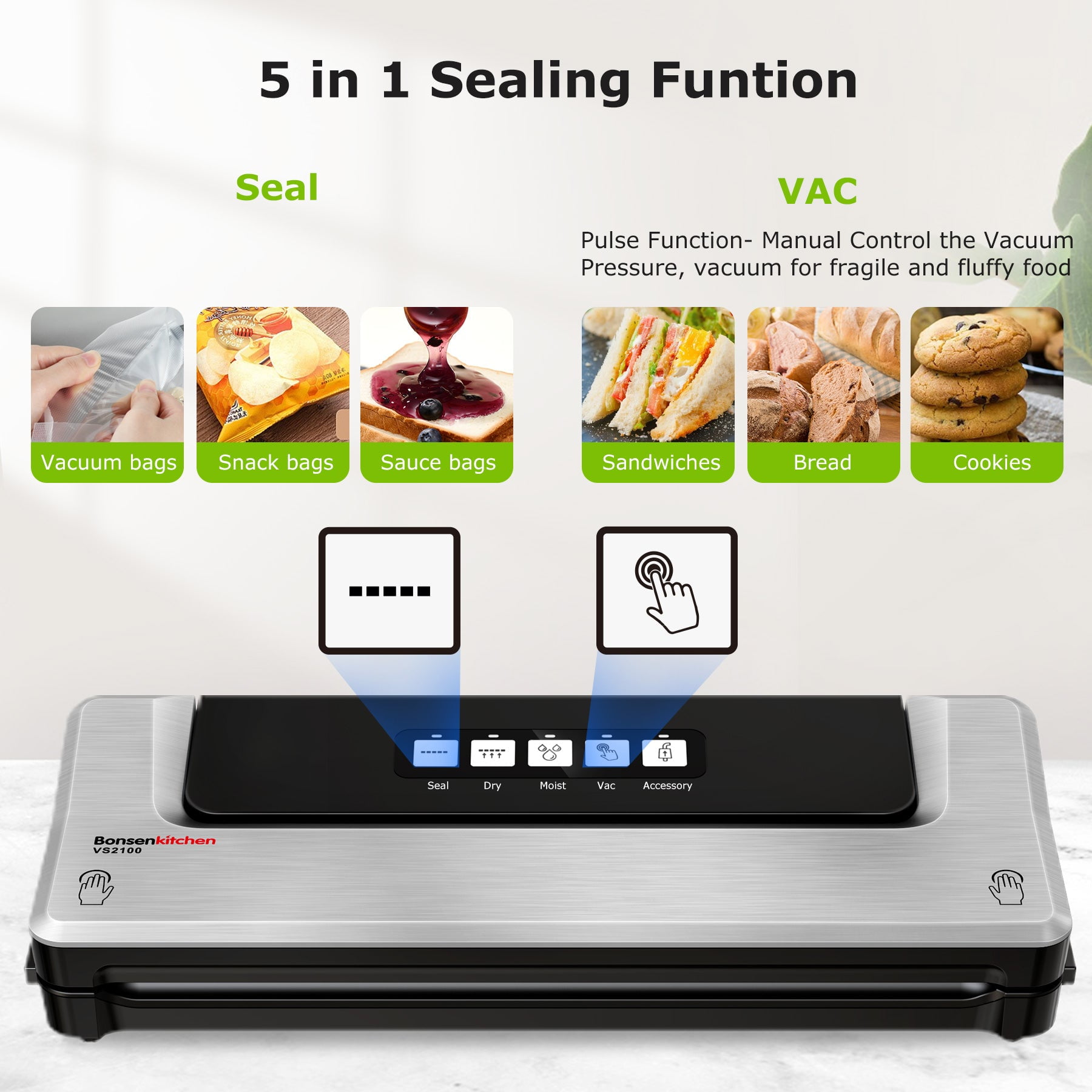 Bonsenkitchen Dry/Moist Vacuum Sealer Machine with 5-in-1 Easy Options for  Sous Vide and Food Storage, Air Sealer Machine with 5 Vacuum Seal Bags & 1