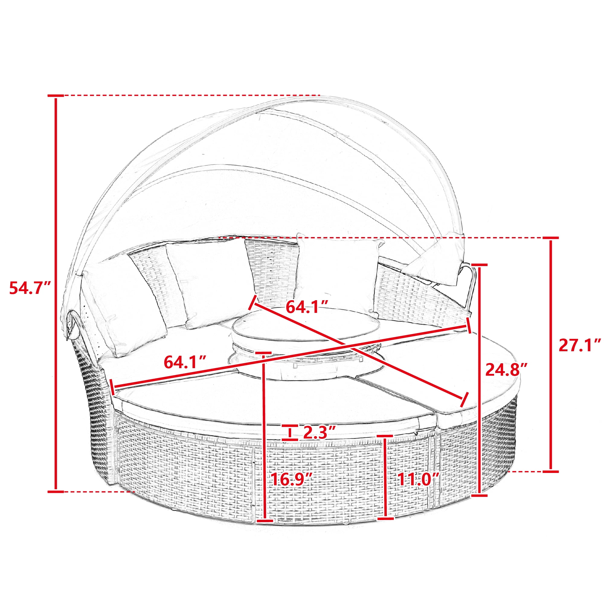 Rattan Round Outdoor Canopy Bed with Lift Coffee Table, Clamshell Sectional Daybed for Patio and Garden, Beige