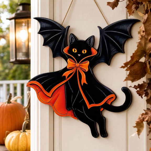 Black Cat Halloween Decor, Spooky Black Cat with Bat Wings Door Hanging Halloween Decorations Outdoor Gothic Wall Sign Home Decor Indoor for Porch Patio Door Home Party