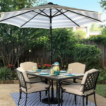 Sun Ray - 9' Round Solar Lighted Umbrella - Navy Striped