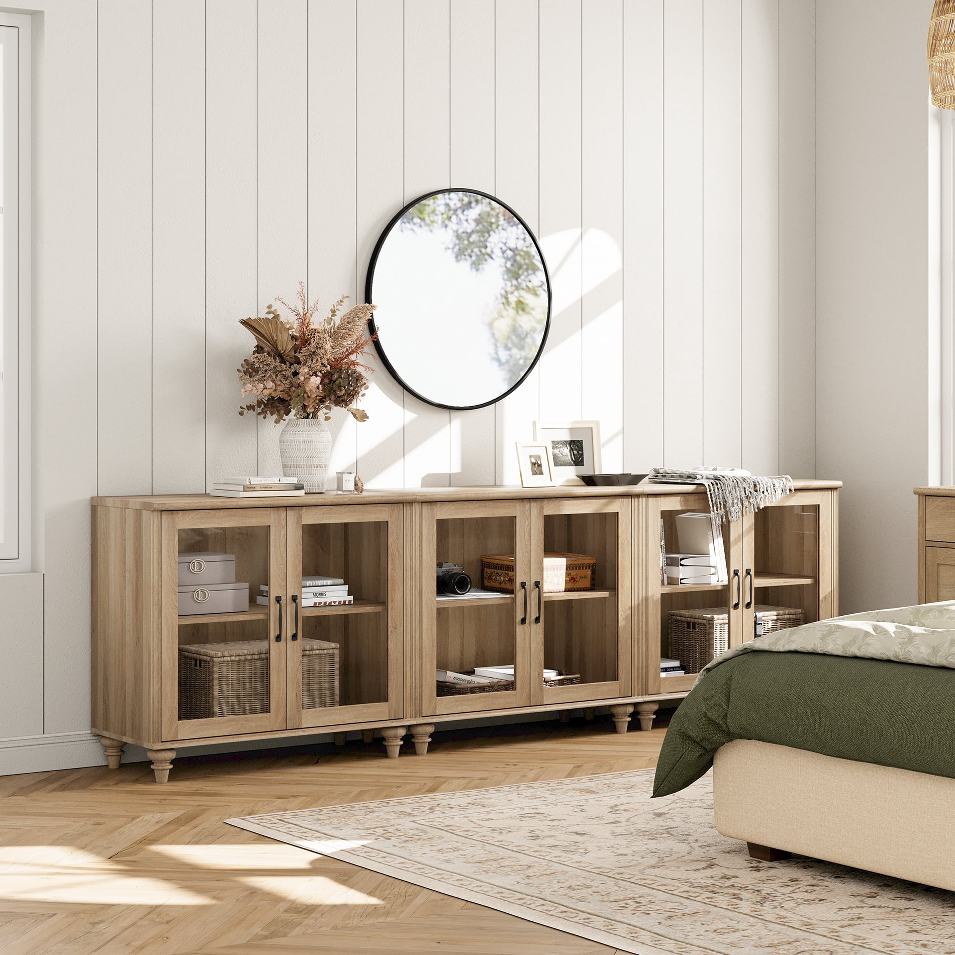 Oak Buffet Cabinet with 6 Glass Doors, Kitchen Storage Cabinets with Adjustable Shelf, 101 inch
