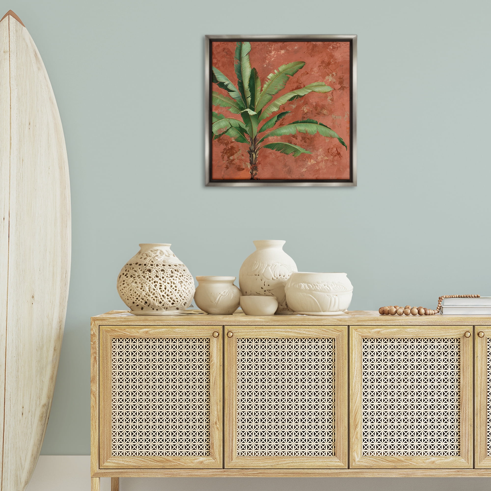 Stupell Industries Palm on Muted Red Botanical & Floral Painting Gray Floater Framed Canvas Art Print Wall Art, 25 x 25