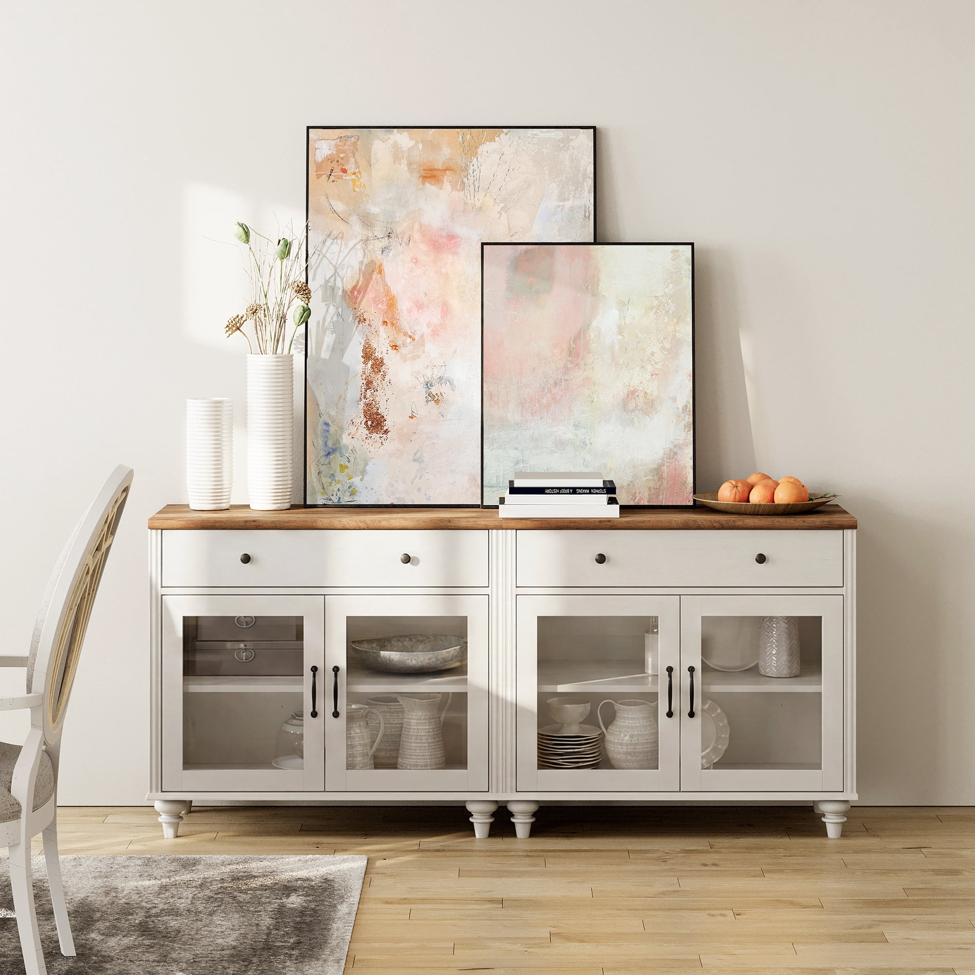 68" White Glass Door Buffet Cabinet with Drawer, Farmhouse Sideboard with Storage