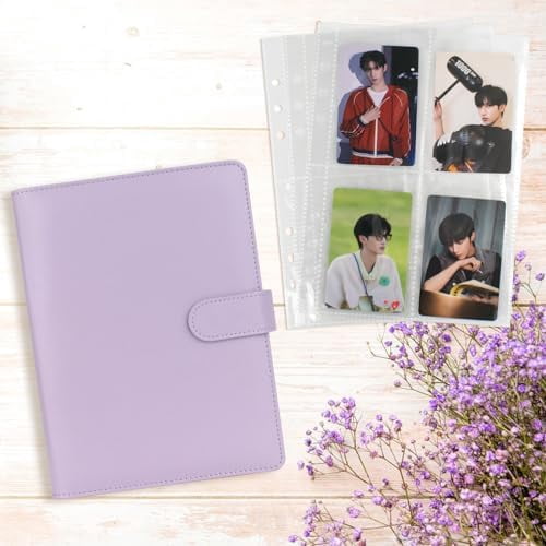 A5 Kpop Photocard Binder, 6 Ring Binder Album with 200 Card Slots, PU Leather Binder Cover with Magnetic Buckle Closure for Organizing Trading Cards (Purple)