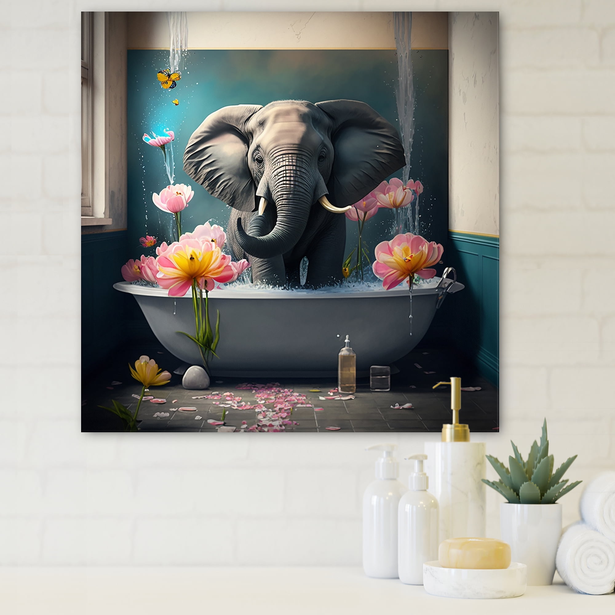 Designart Cute Elefant Taking A Bath Canvas Wall Art