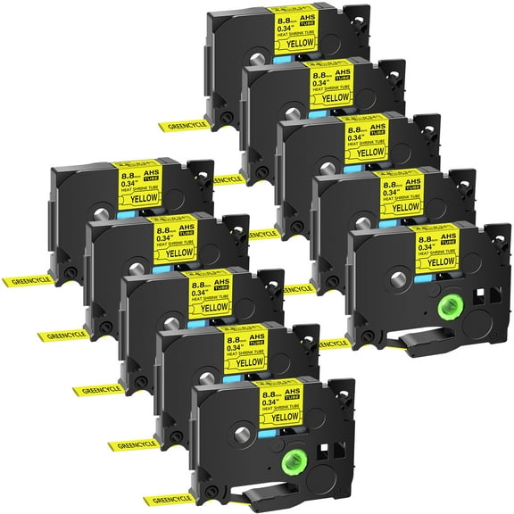 GREENCYCLE 10PK Compatible for Brother P-touch HSE-621 HS-621 HSe621 HS621 8.8mm 0.34" Black on Yellow Heat-shrink Label Tape