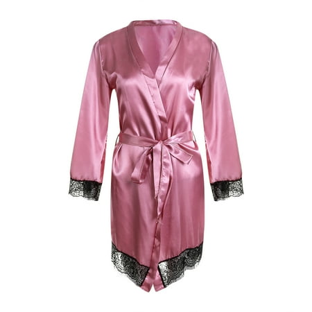 

Women Elegance Silk Satin Robes Sexy Lace Gown kimono Solid Robe