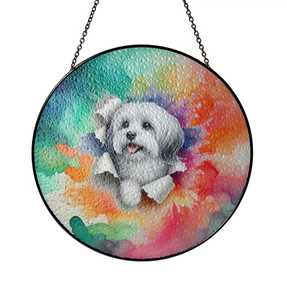 Funny Watercolor Adorable Havanese Peeking Through Torn Paper Effect Stained Glass Suncatcher Havanese Dog Lover Gifts Idea Window Hanging Sign Decor - 00026