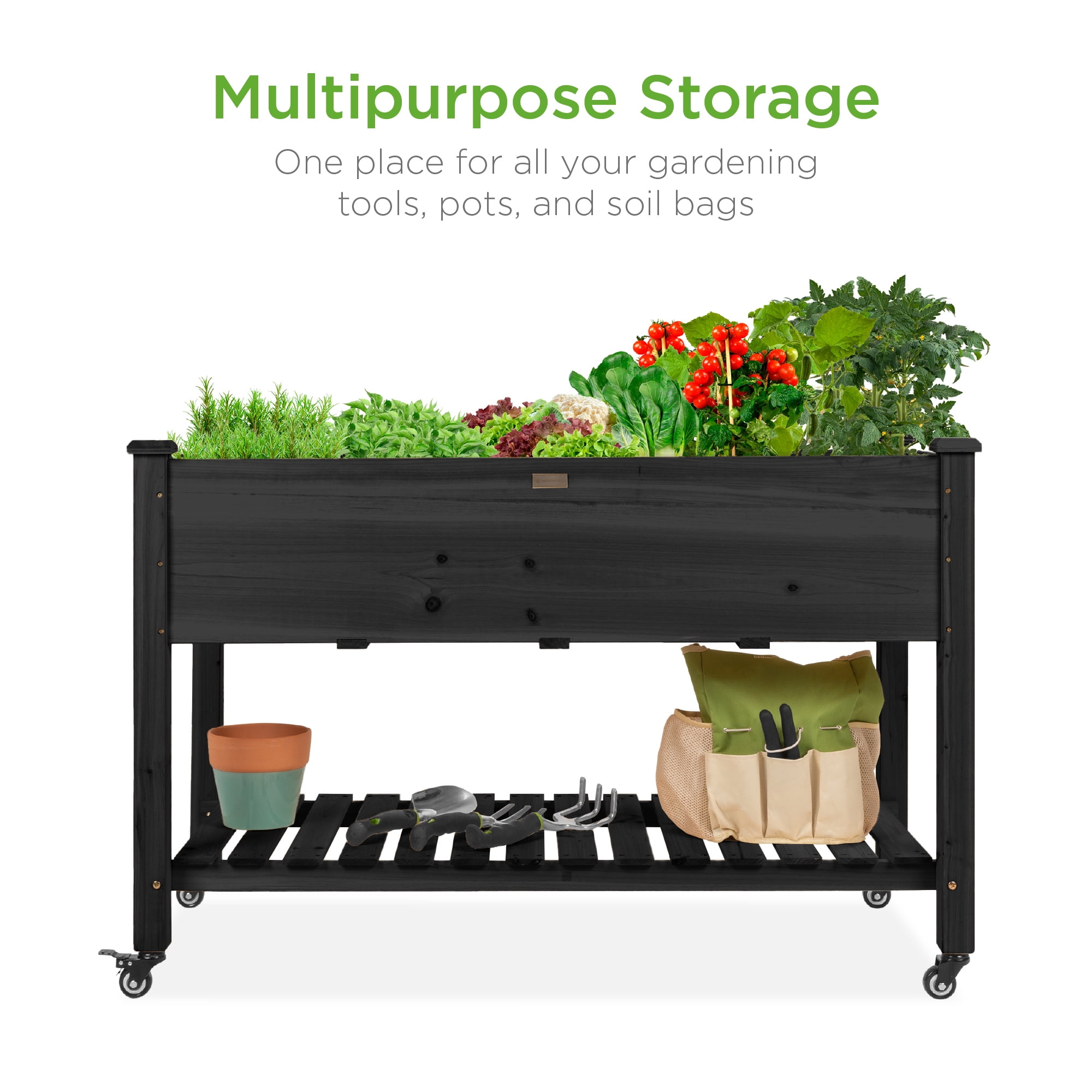 Best Choice Products Raised Garden Bed 48x24x32in Mobile Elevated Planter w/ Wheel Locks, Shelf, Liner - Black