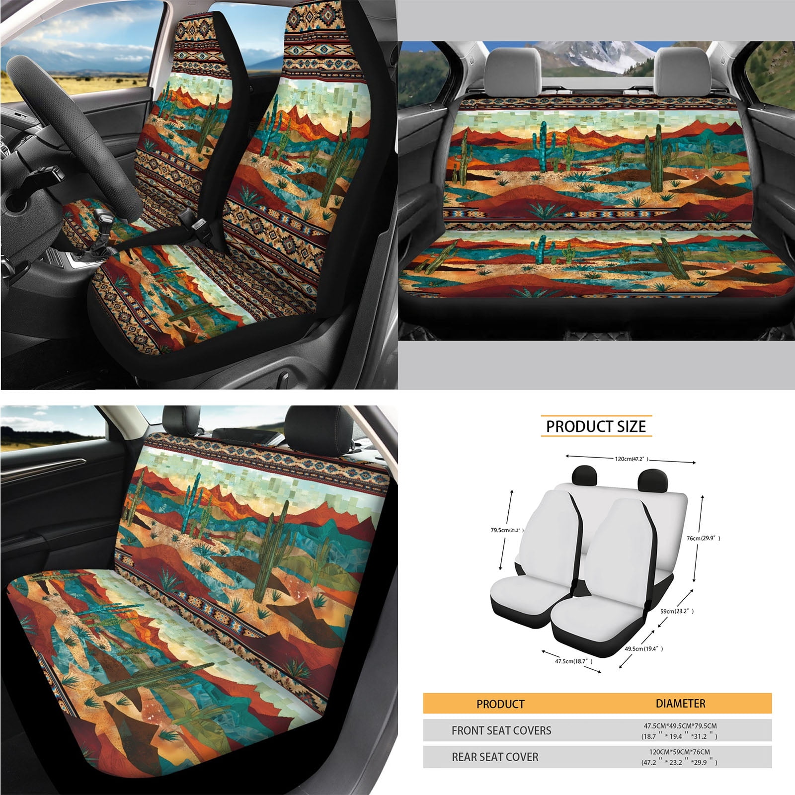 Yuyamidu 14pcs Western Aztec Car Seat Cover Split Cover Cactus Steering Wheel Cover Seatbelt Pads Auto Armrest Cover Trash Bin Rearview Mirror Cover Handbrake Cover Set Cup Coasters