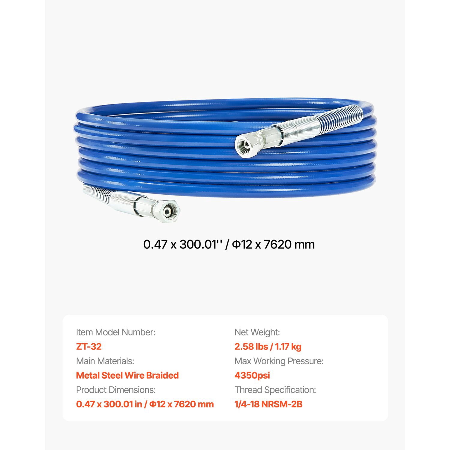 Airless Paint Sprayer Hose 25ft 1/4 Inch Connector 4350 PSI Multi-Layer Metal Braid for Spray Guns Industrial Painting