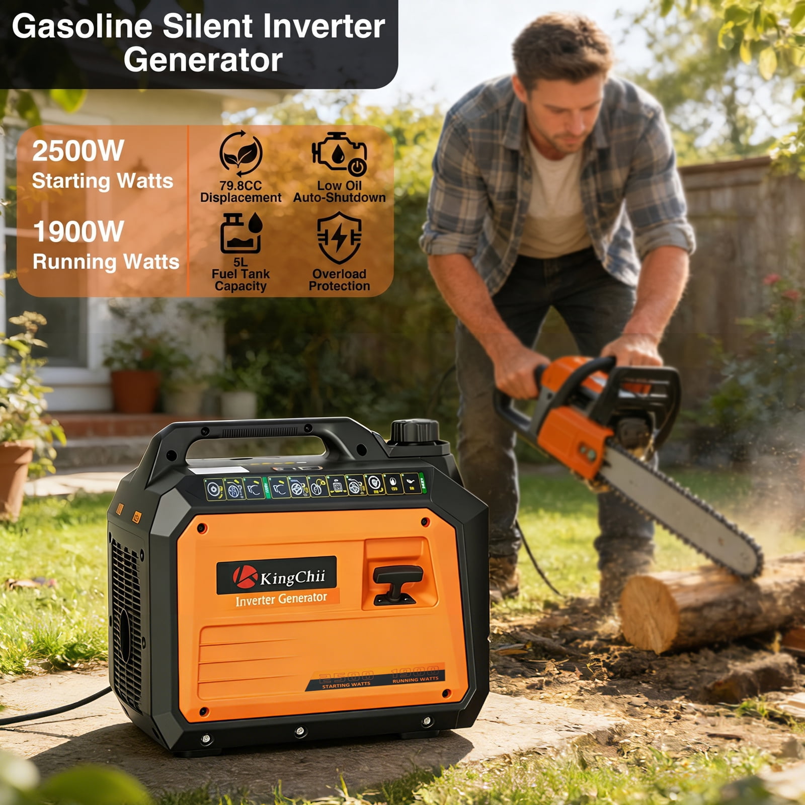 KingChii 2500W Portable Inverter Generator, Quiet Gas Powered Generator for Home Use, RV, Camping & Tailgating, ECO Mode, Parallel Ready, EPA Compliant