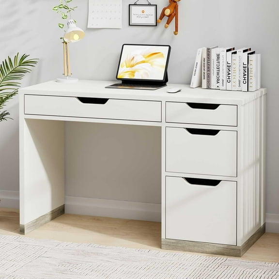 DreamCurship 48” Computer Desk with 4 Drawers, Home Office Desk for Work and Study, Writing Desk for Small Space, White