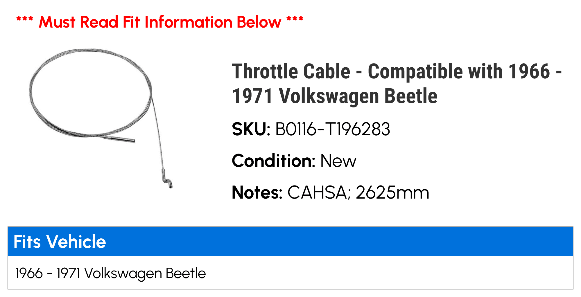 Throttle Cable 2625mm Compatible with 1966-1971 Volkswagen Beetle 