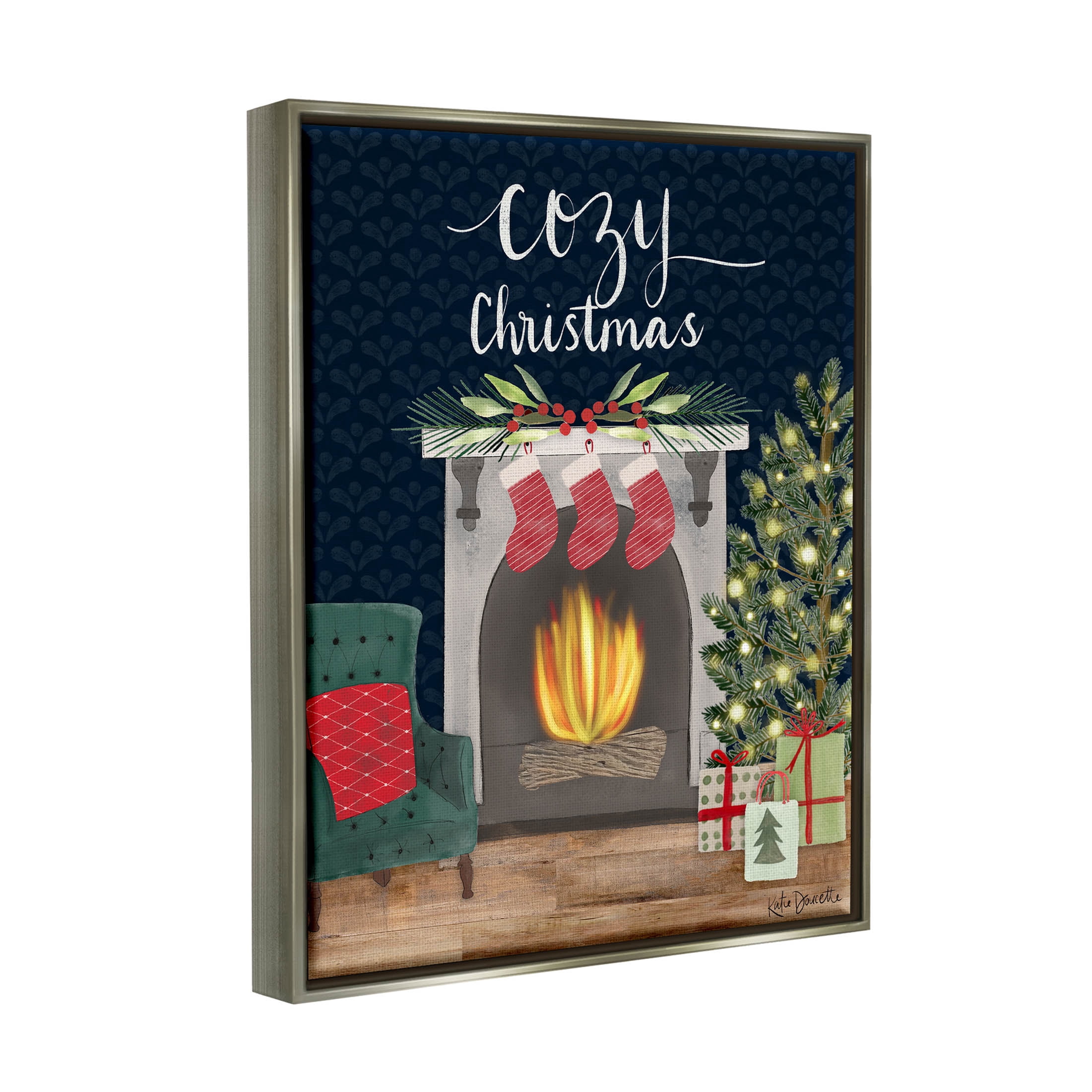 Stupell Industries Cozy Christmas Fireplace Mantle Graphic Art Luster Gray Floating Framed Canvas Print Wall Art, Design by Katie Doucette