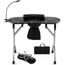 QRKD 35-inch Portable Nail Table, Folding Manicure Table Station W/ Electric Dust Collector, Bendable LED Lamp, Carry Bag, 4 Lockable Wheels, Desk for Tech (Black)