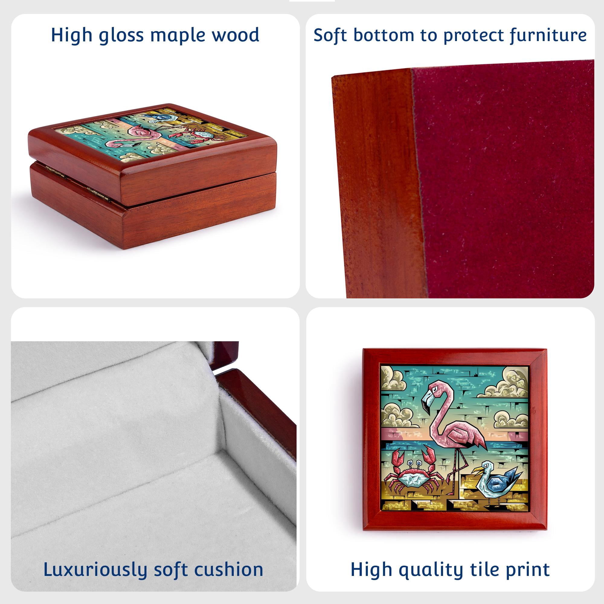 3dRose, Funny Cool Colorful Pink Flamingo and Crab and Seagull Beach Graffiti , Jewelry Box 5.5x5.5 inch with 4 inch tile