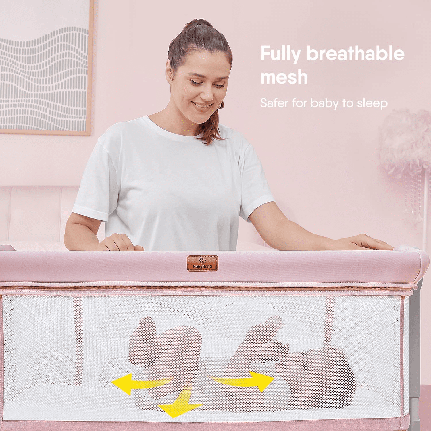 BabyBond Baby Bassinet, 3 in 1 Bassinet Bedside Sleeper with Washable Soft Mattress and Sheet, 6 Height Adjustable Easy Folding Bedside Crib, 4-Sided Mesh Bedside Bassinet for Baby,Pink