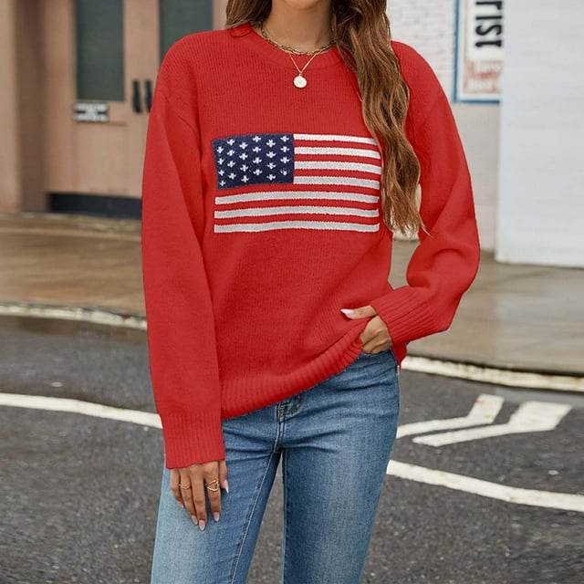 Suéter de cuello redondo para mujer, suéter holgado de invierno con estampado de bandera, suéter de manga larga con cuello redondo, tops de poliéster para mujer