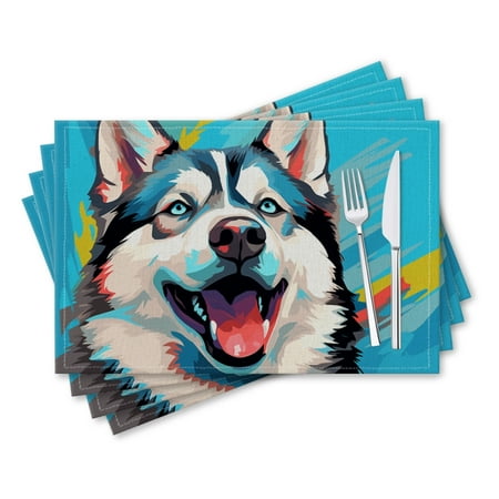 

BaHomeck placemats Set of 4 rectangle Linen Cotton Placemats for Dining Table Washable Heat Resistant 18*12inch Happy Husky Dog Set Against A Blue Background