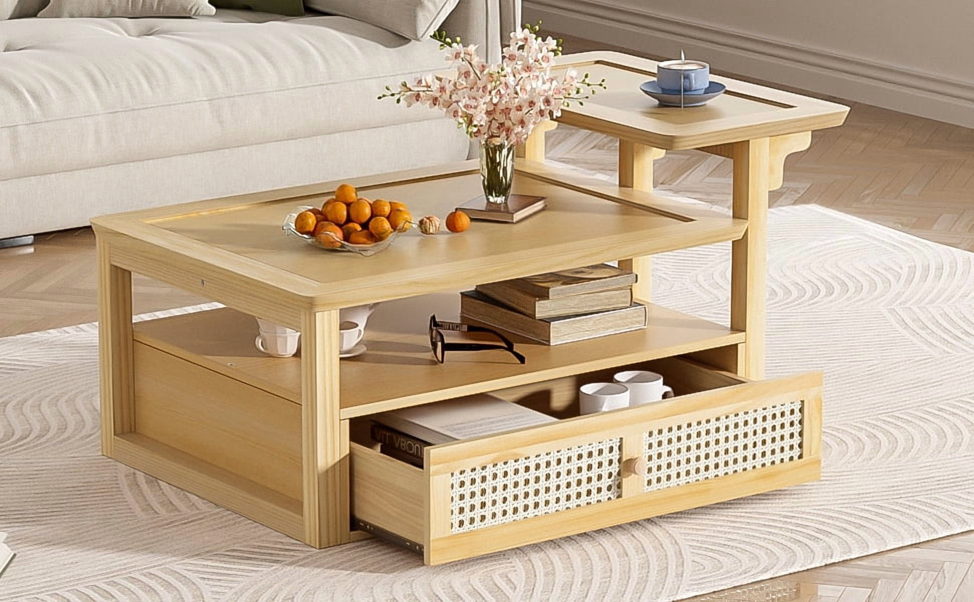 Euroco Multifunctional Coffee Table Set with Nested Design, Rattan Drawer, Pine Wood Legs – Stylish Storage and Dual Tabletops for Living Room