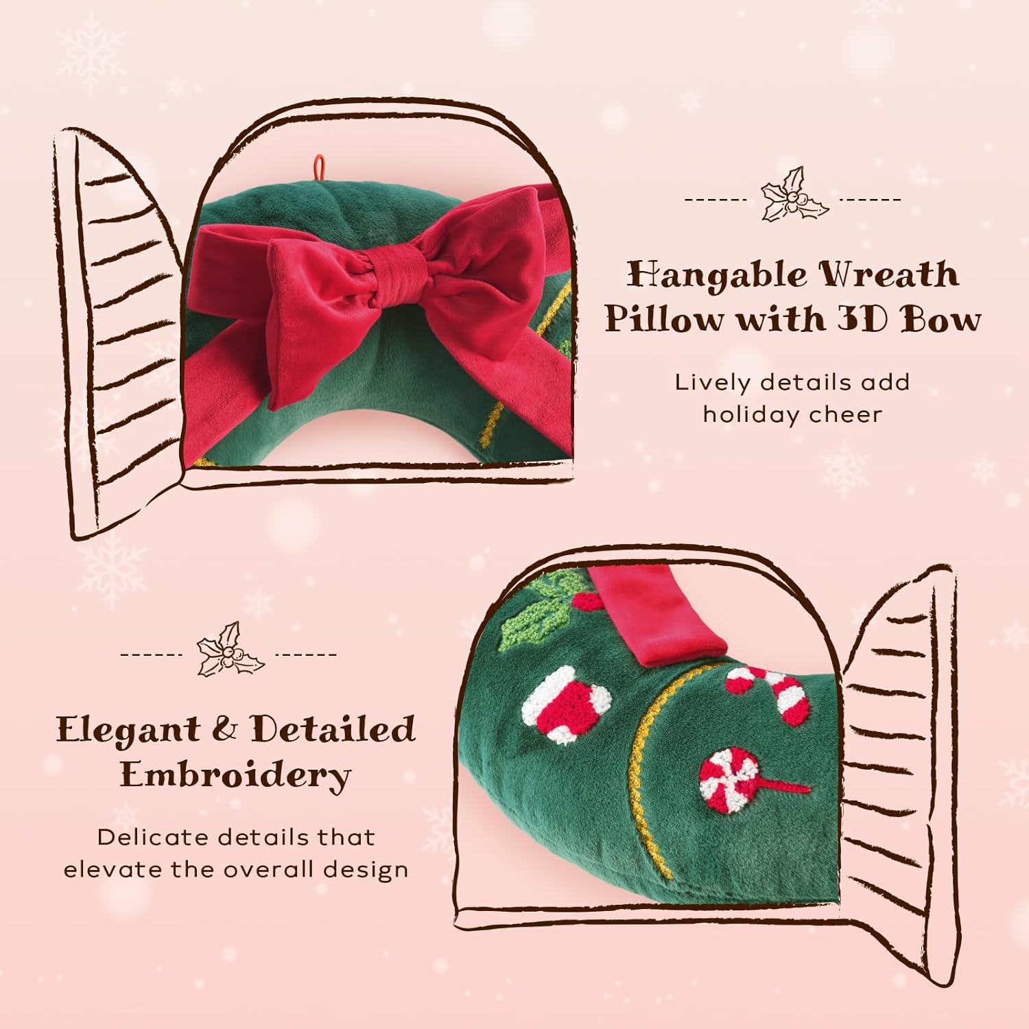 Christmas Wreath Shaped Throw Pillow, 16.5x16.5 Inch Soft Short Plush with 3D Bow & Embroidery, Green Decorative Cushion for Sofa and Bedroom