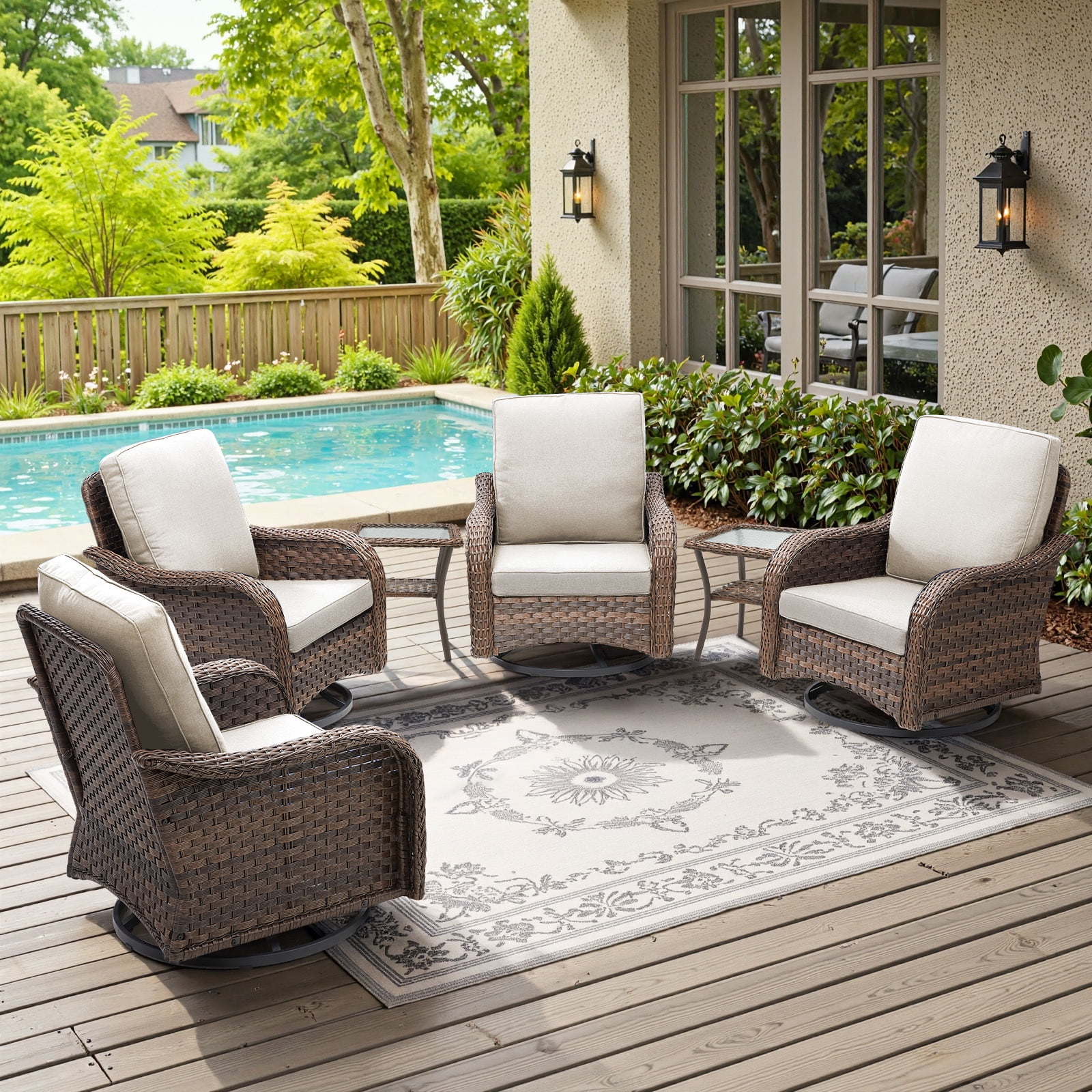 Bellefurn Outdoor Swivel Rocker Patio Chairs Set,6 Piece Furniture Set with 4 Swivel Rocking Chairs and Side Table All Weather Wicker Conversation Set for Porch Deck Garden Backyard