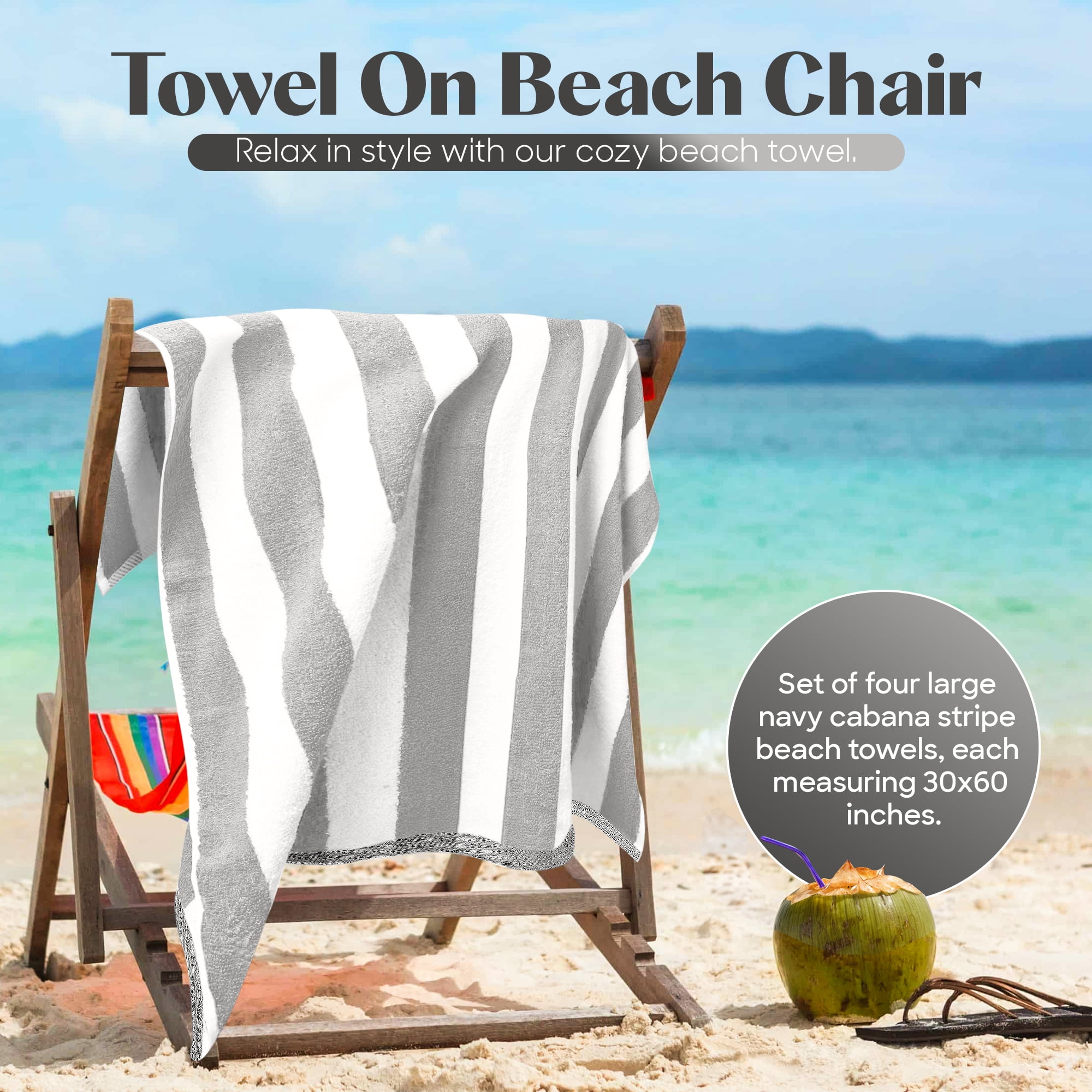 Bliss Casa 100% Cotton Beach Towels (4 Pack, 30 x 60 Inch) - Extra Soft & Highly Absorbent Summer Pool Towel Oversized Cabana Stripe (Blue, Green, Grey & Yellow)