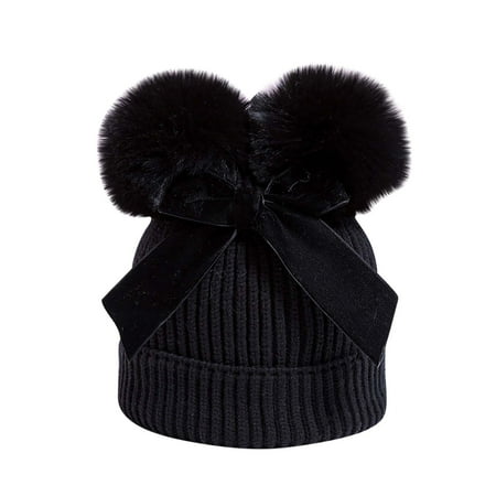 

YWDJ 6-36 Monts Fall Winter Boys Girls Double Hair Ball With Bow Knitted Windproof Warmth Ear Protection Kids Hat Black