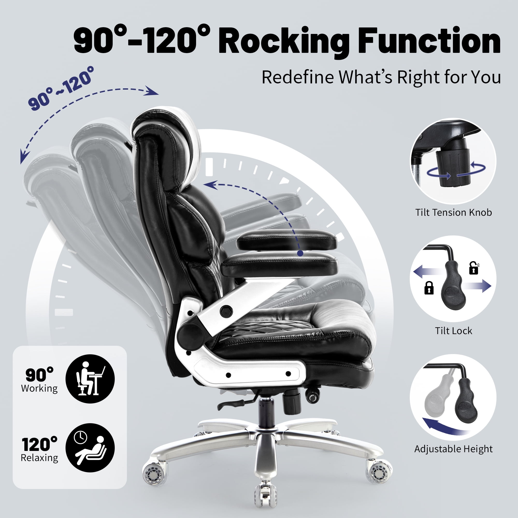 Qusaphy Big & Tall Office Chair 800LBS Heavy Duty - Ergonomic PU Leather Chair with 5D Armrests, 90°-120° Recline, Silent Wheels