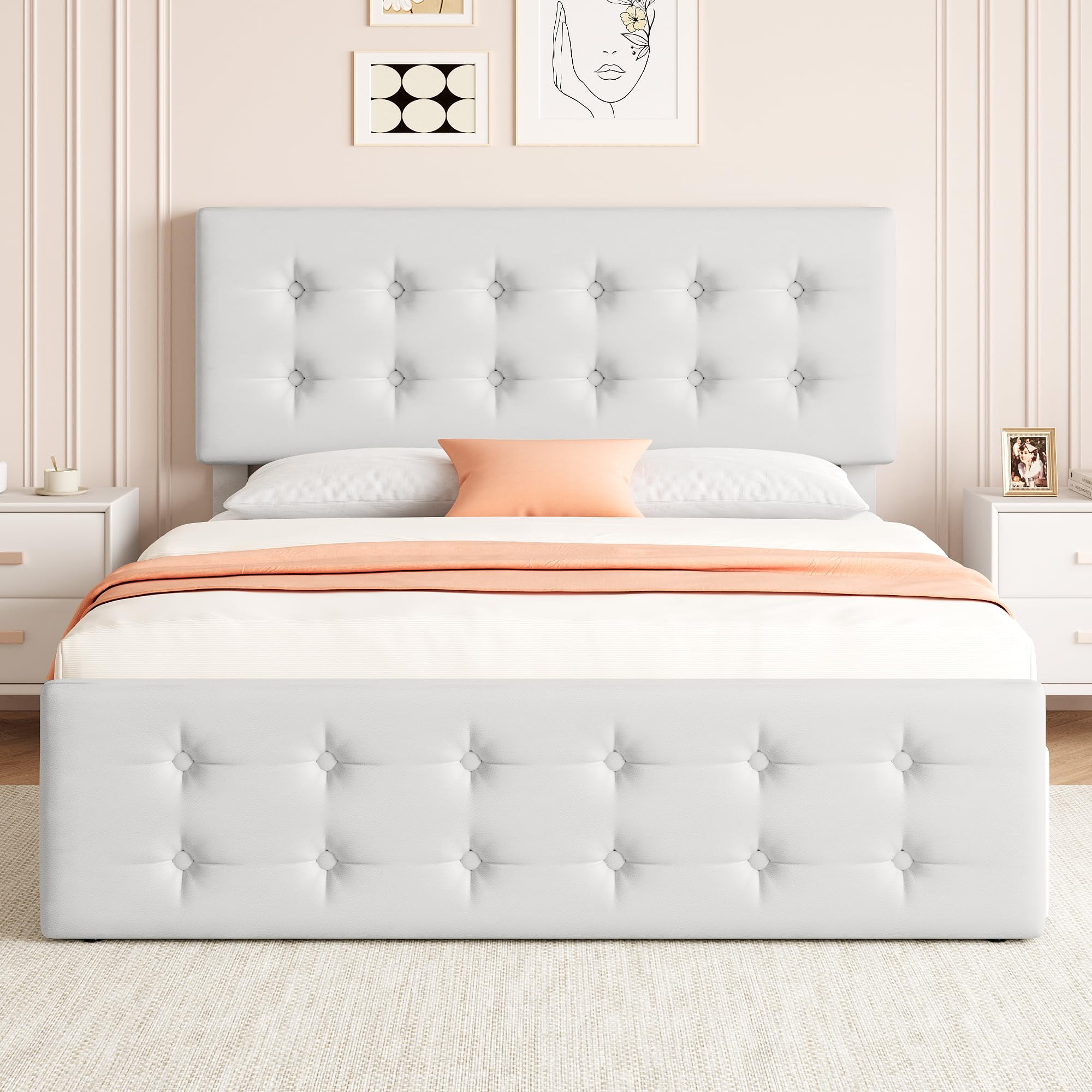 Maritcute Full Size Bed Frame with 4 Storage Drawers and Adjustable Headboard, Upholstered Mattress Foundation with Skin-Frienly Linen, No Box Spring Needed, Off-White