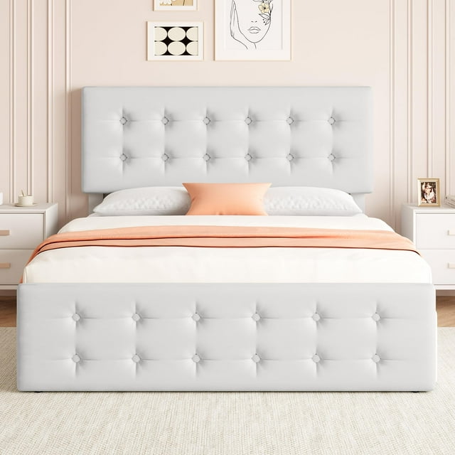 Cadre de Lit avec 4 Tiroirs de Rangement et Tête de Lit Ajustable, Base de Matelas Rembourrée en Lin Doux pour la Peau, Aucun Sommier Requis
