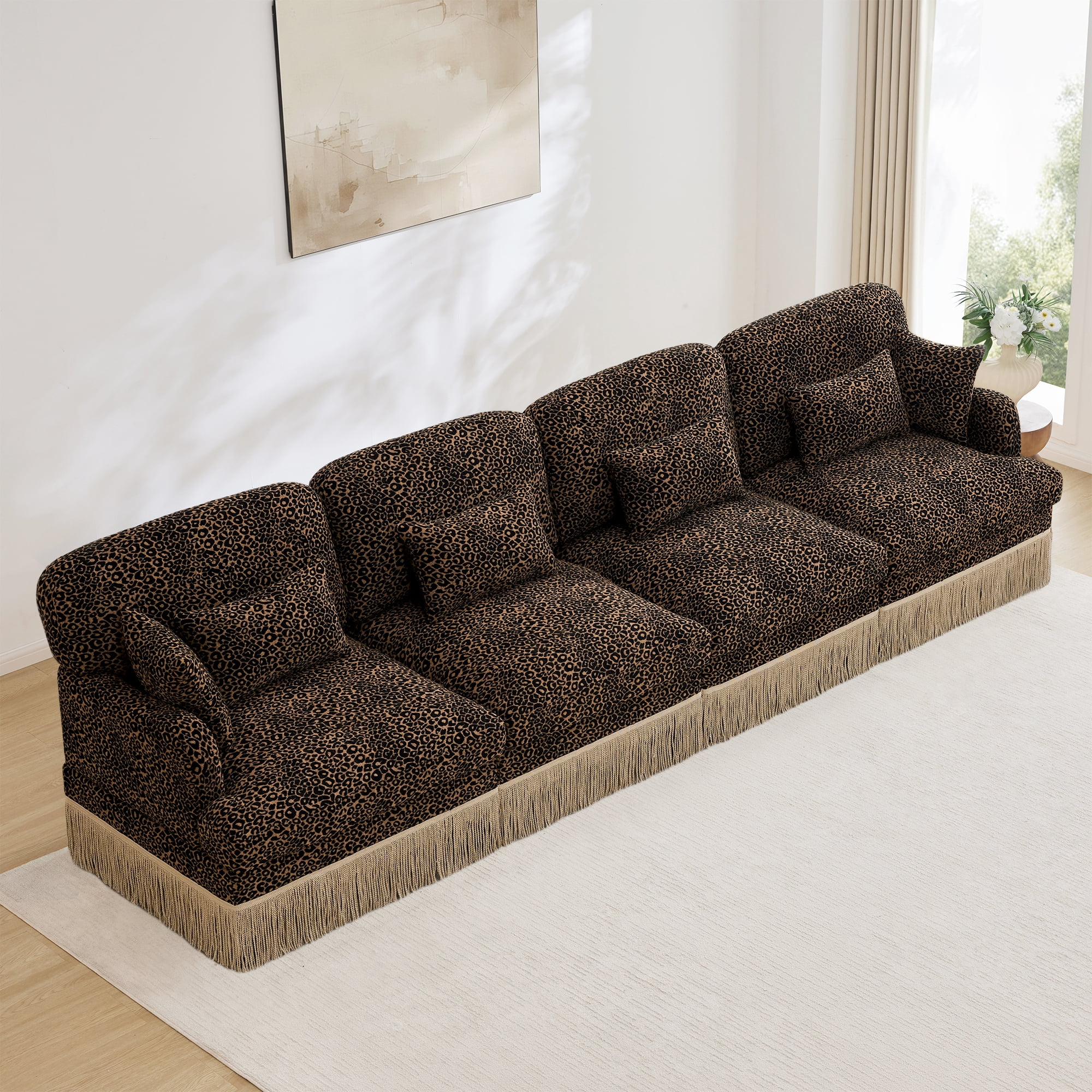131" Chenille Leopard Tassel Deep Seat 4 Seater Sofa Couch with 6 Throw Pillows