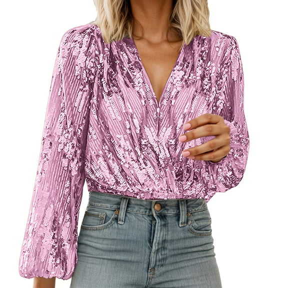 Shirts for Women Sequin Tops Pink Long Sleeve Sparkly Shirt Shiny Tops Ladies Tops Womens Holiday Tops Sparkly