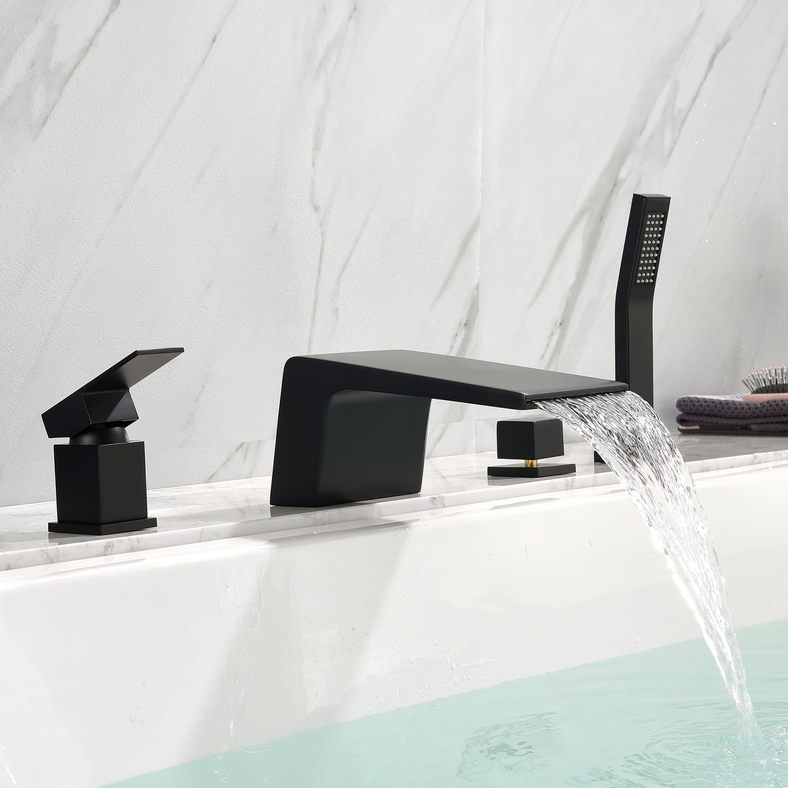 Cobbe Single Handle 4-Hole Mount Bathtub Faucet Set with 4.72-Inch Wide Waterfall Spout and Handheld Shower Matte Black