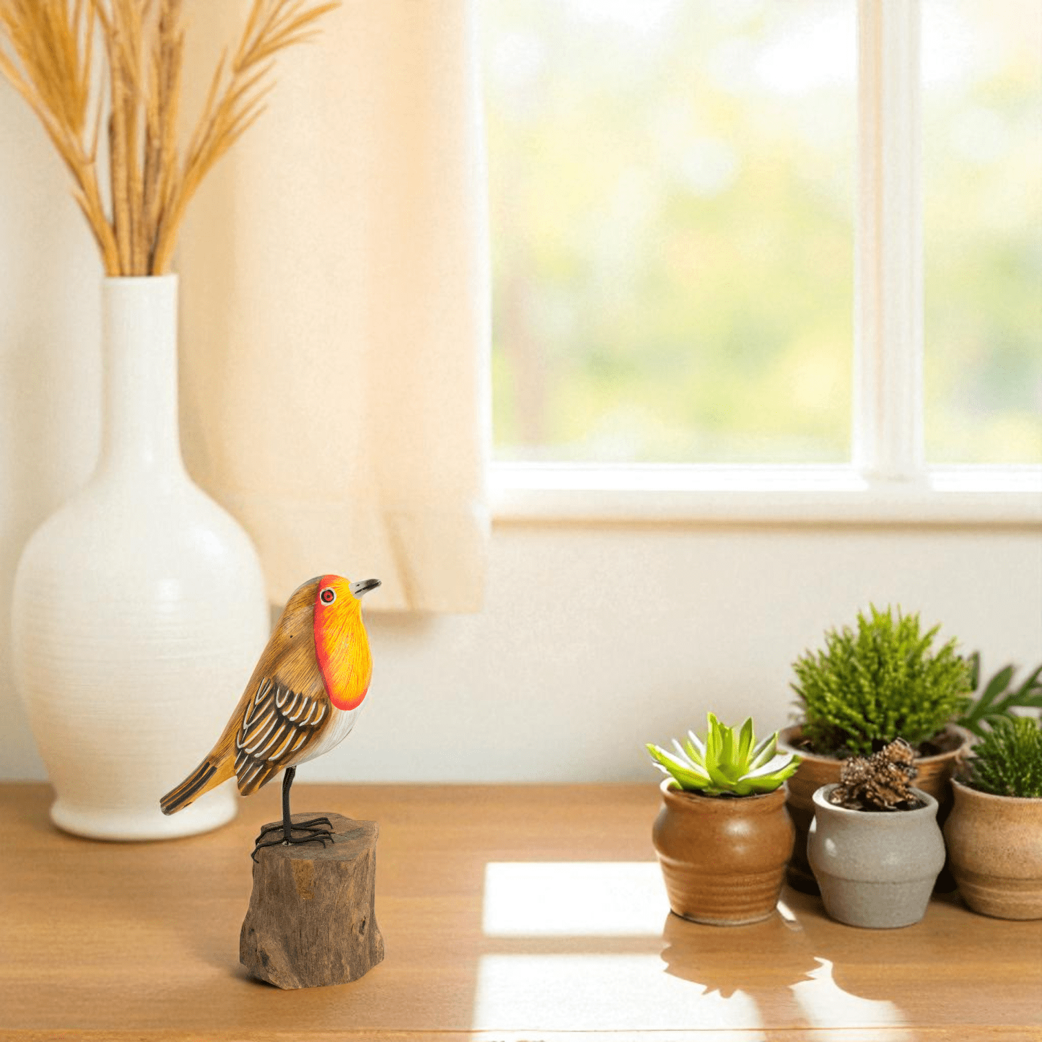 Wood European Robin Figurine – Hand Carved Songbird Sculpture, Rustic Bird Decor on Driftwood Base